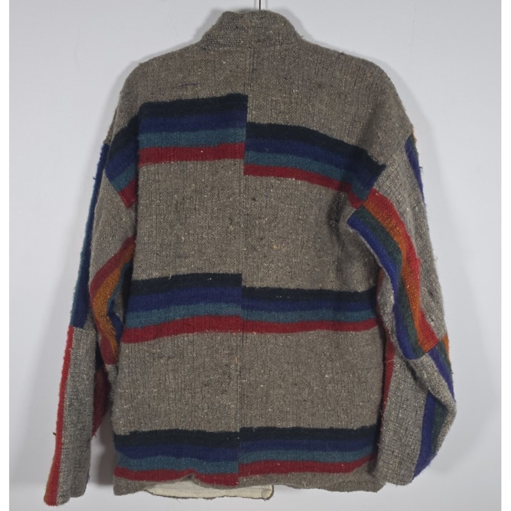 Vintage Wool-Feel Cardigan XL Tan Rainbow Stripe Wood Buttons Grandpa READ - Picture 2 of 13